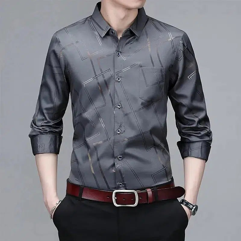 Men's Casual and Fashionable Long Sleeved Printed Shirt-Shirts-Bennys Beauty World