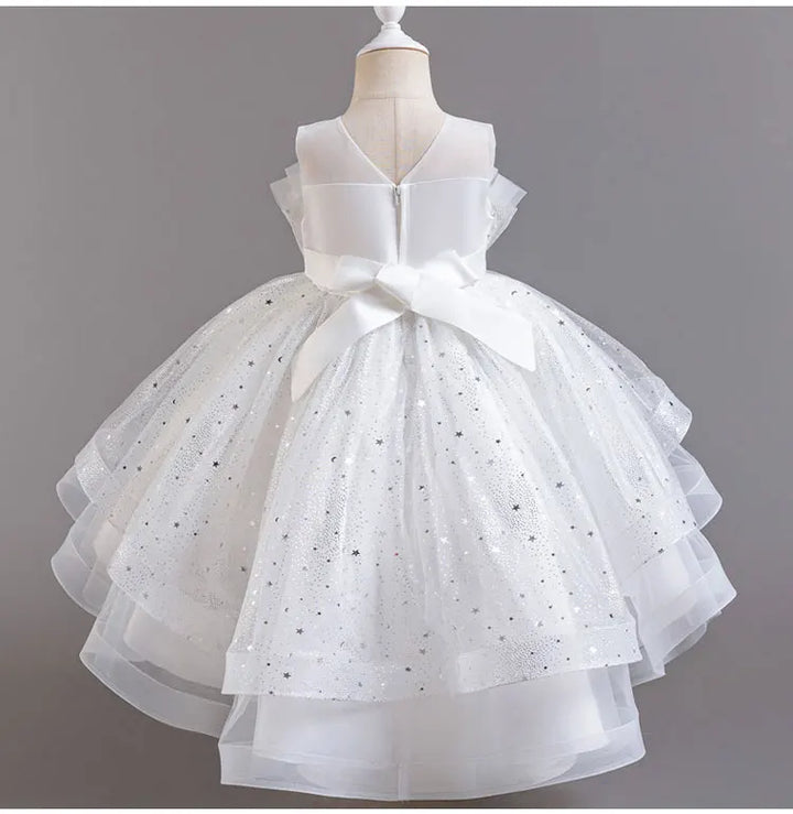 Girls Sequin Bow Princess Party Dress – Sleeveless Lace Mesh, Ages 2–12