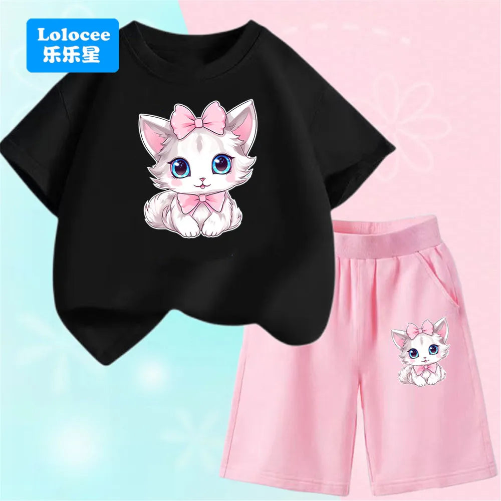 Girls Bow Cat Print T-Shirt &amp; Shorts Set | 2-Piece Summer Outfit | Ages 3–14