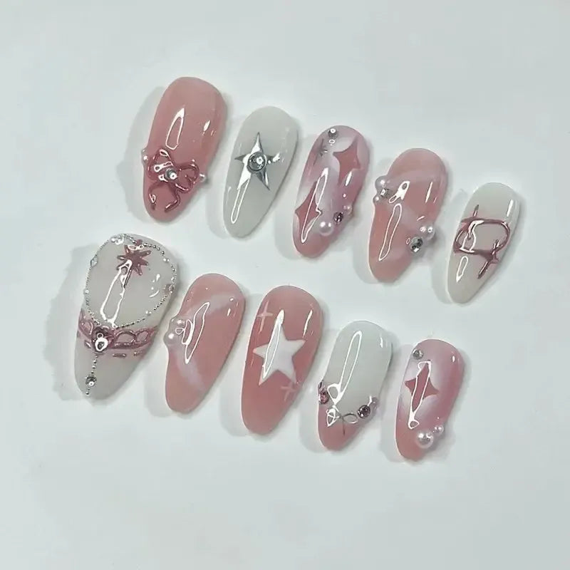 French Almond Press-On Nails – 24 Pcs Blue Star Pattern False Nails-Nails-Bennys Beauty World