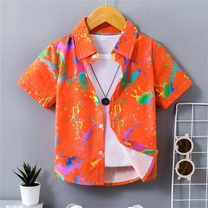 Boys Colorful Splash Ink Print Short Sleeve Shirt | Kids Casual Summer Top