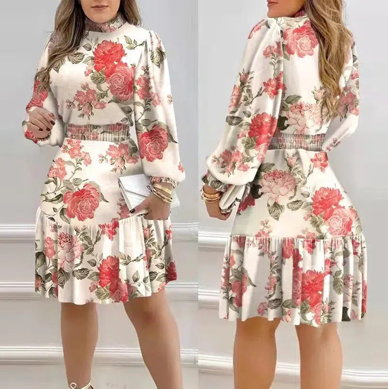 Floral Print Lantern Sleeve Pleated Ruffled Skirt Dress-Dress-Bennys Beauty World