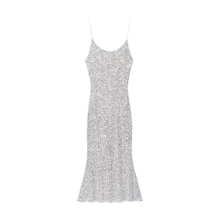 Silver sequin dress on a white background