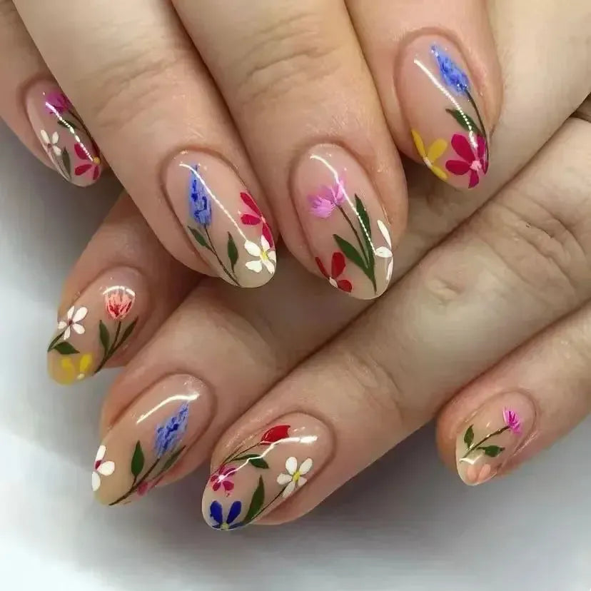 Almond Press-On Nails – 24 Pcs Flower Pattern False Nails | Bennys Beauty World-Nails-Bennys Beauty World