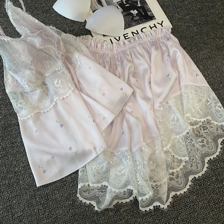 Summer Women Pajamas Lingerie Two Piece Lace Sleepwear