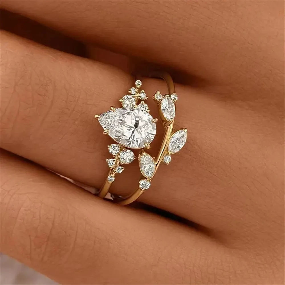 Water Drop Cubic Zirconia Bridal Ring Set – 2-Piece Gold Tone Wedding Band Set for Women-rings-Bennys Beauty World