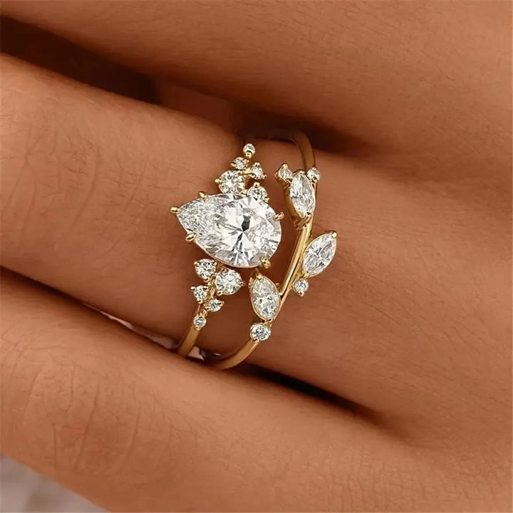 Water Drop Cubic Zirconia Bridal Ring Set – 2-Piece Gold Tone Wedding Band Set for Women-rings-Bennys Beauty World
