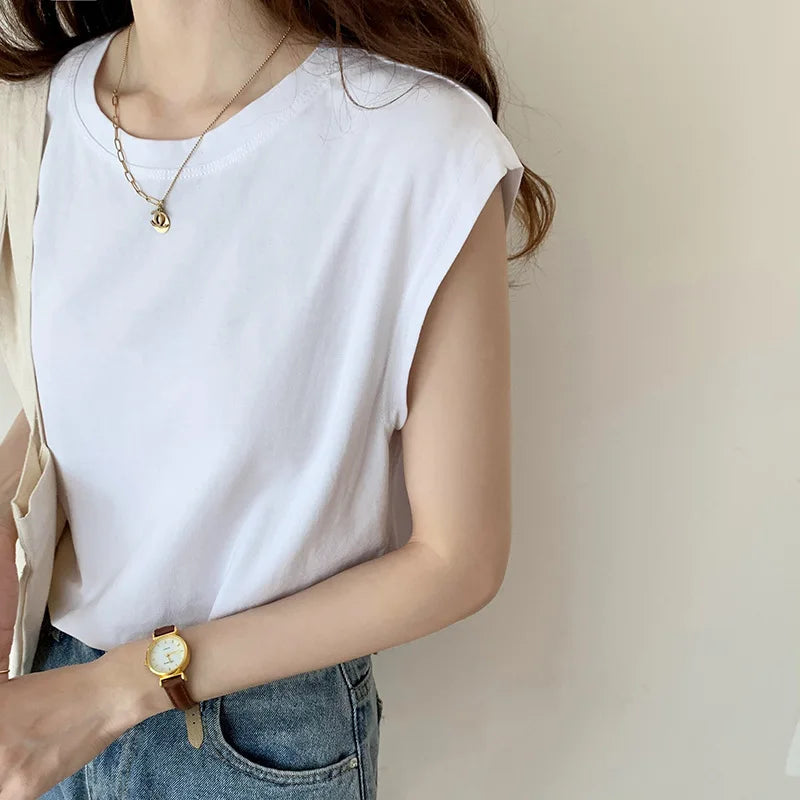 Women's O-neck Sleeveless White T-shirts