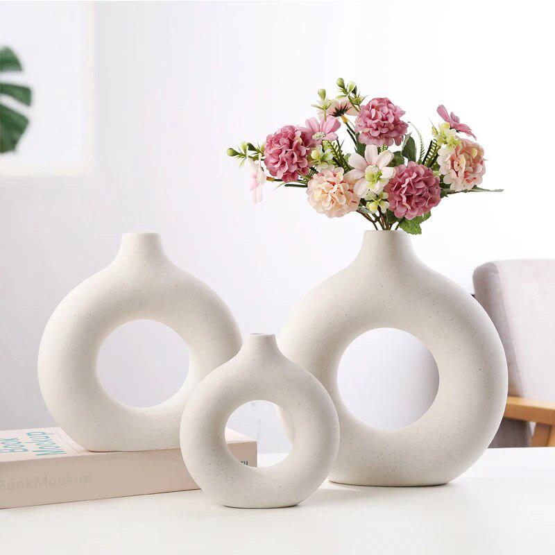 Nordic Ceramic Vase Circular Hollow Donuts Flower Pot Home Living Room Decoration Accessories Interior Office Desktop Decor Gift-Arlik interiors