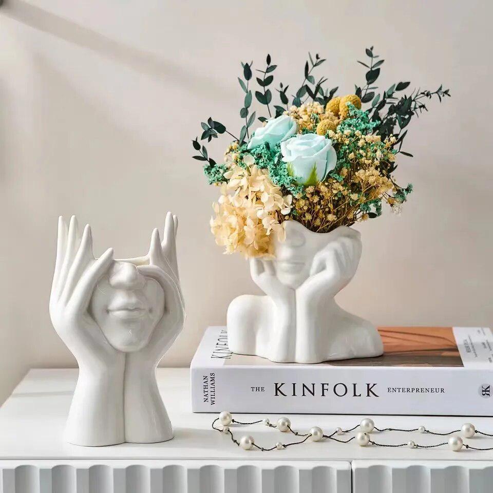 White Ceramic Body Art Vase Shy Girl Decorative Ornament Flower storage Living Room decoration Nordic style home decor-Arlik interiors