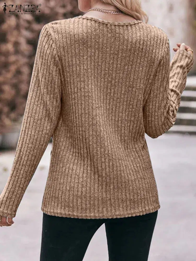Vintage Knitted Tops ZANZEA Women Long Sleeve Blouse Fashion Round Neck Pullover 2023 Autumn Irregular Split Hem Shirts Oversize-Bennys Beauty World