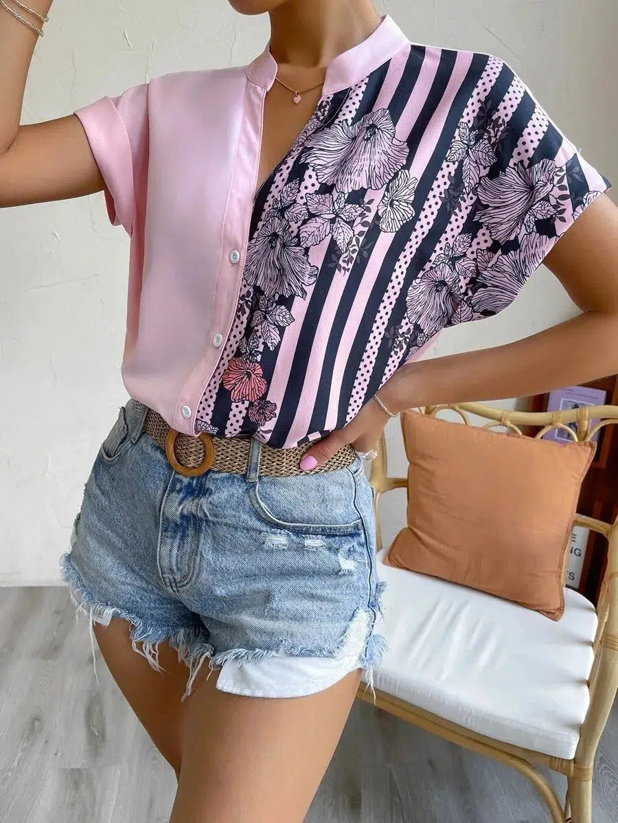 Women's Summer Double-contrast Flower Button Short-sleeved Shirt