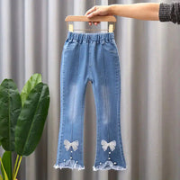 Baby Girls Jeans Casual Pants Kids Flower Bow Bell-bottoms Cowboy Jeans-Bennys Beauty World