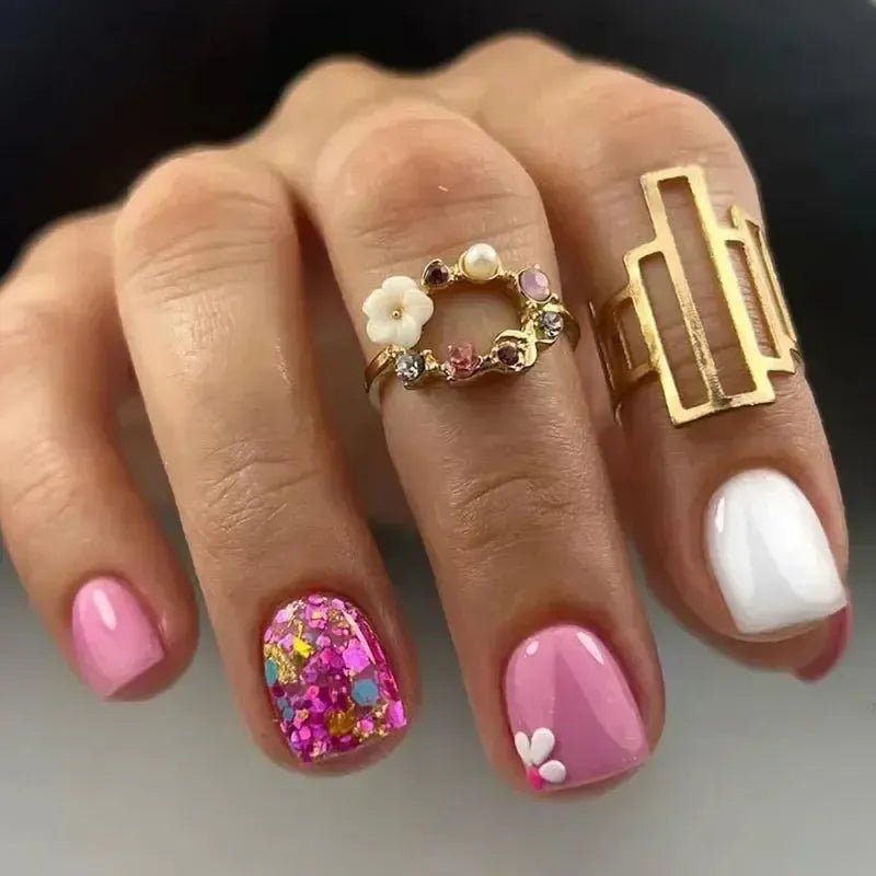Short Square French Flower Press - On Nails 24 Pcs - Bennys Beauty World