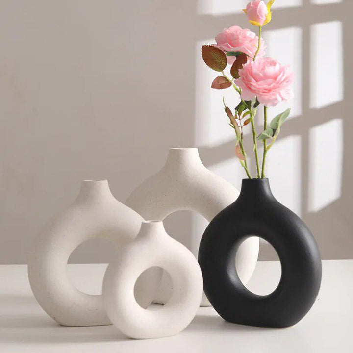 Nordic Ceramic Vase Circular Hollow Donuts Flower Pot Home Living Room Decoration Accessories Interior Office Desktop Decor Gift-Arlik interiors