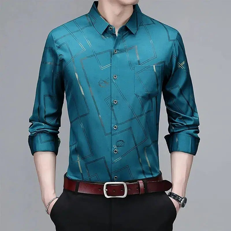 Men's Casual and Fashionable Long Sleeved Printed Shirt-Shirts-Bennys Beauty World