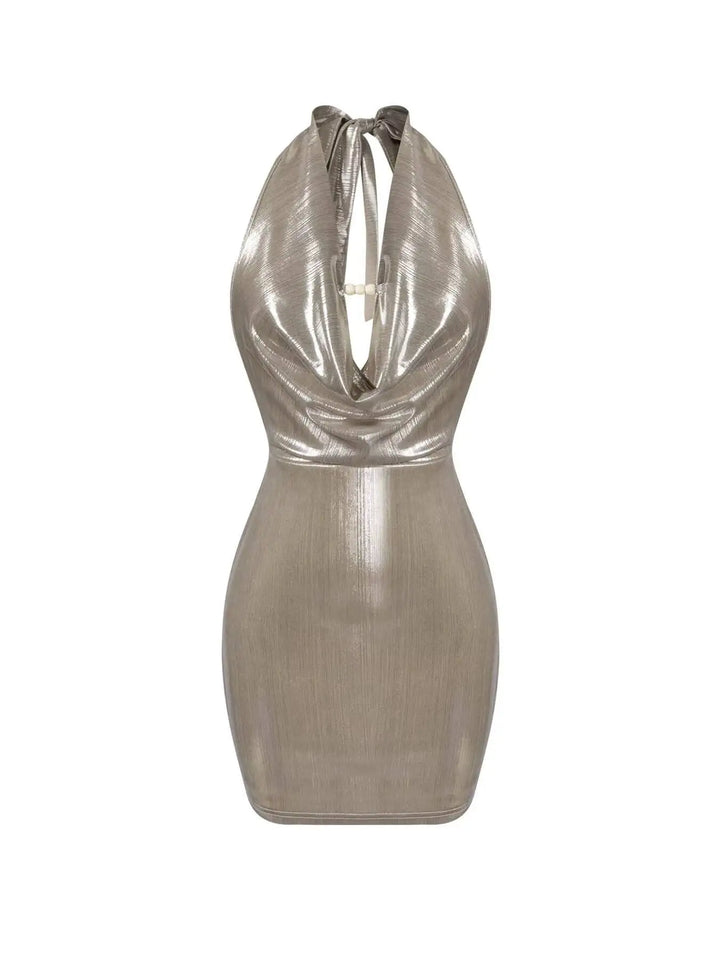 Metallic Halter Twist-Front Bodycon Mini Dress