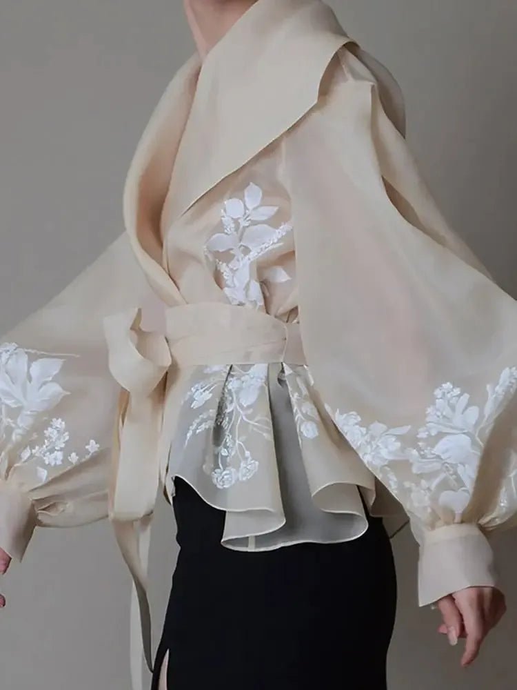 Women’s Colorblock V - Neck Lantern Sleeve Blouse – Lace - Up Patchwork Shirt - Bennys Beauty World