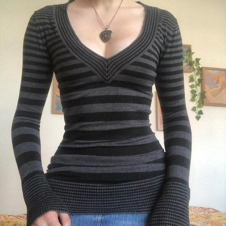 Vintage Knitted Sweater Cutest V Neck Long Sleeve Stripe Jumper-blouse-Bennys Beauty World