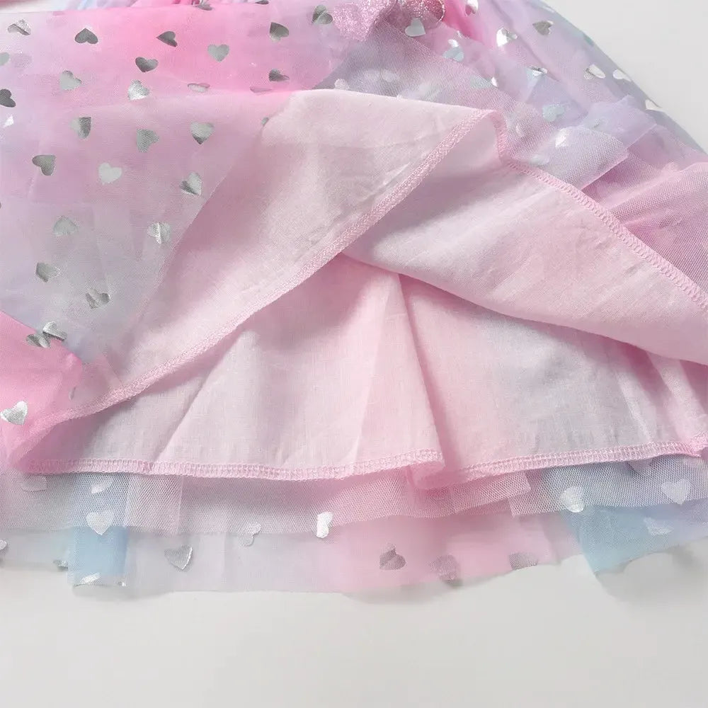 VIKITA Girl Flare Sleeve Autumn Spring Pink Dress Kids Heart Shape Mesh Tulle Princess Party Casual Cute Fashion Gradient Frocks-Bennys Beauty World