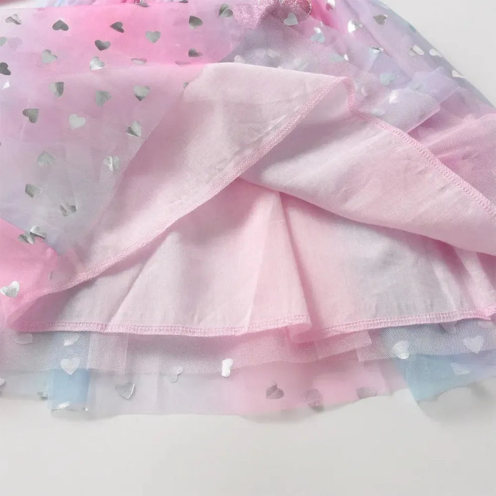 VIKITA Girl Flare Sleeve Autumn Spring Pink Dress Kids Heart Shape Mesh Tulle Princess Party Casual Cute Fashion Gradient Frocks-Bennys Beauty World