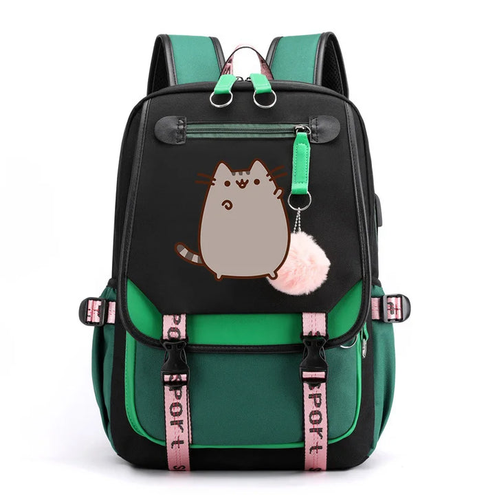 Kawaii Cartoon Cat Backpack – Pink Canvas School Bag for Girls & Teens