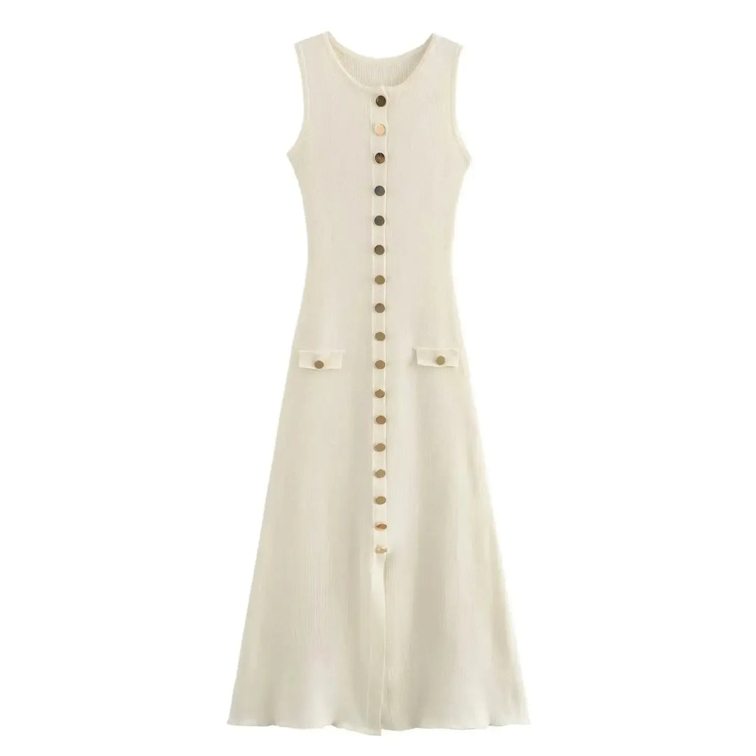 Women Elegant Solid Knitted Dress Single Breasted Dress-Dresses-Bennys Beauty World