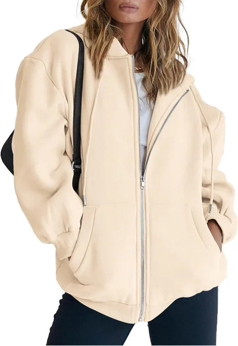 Fashion Gray Zip Up Sweatshirt Women Autumn Winter Jacket Clothes Hoodies Daily Pockets Long Sleeve Solid Versatile Lady Hoodies