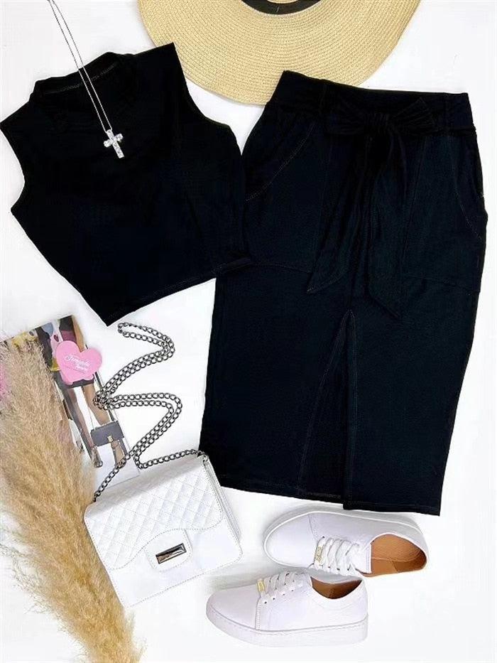 Solid Color Sleeveless Crop Tops And Belt Skirt Set Streetwear-Dress-Bennys Beauty World