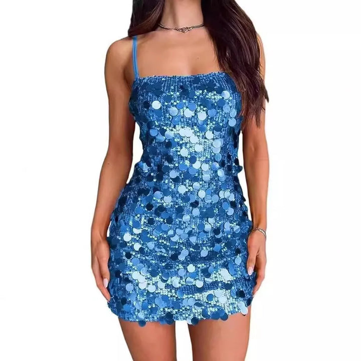 Sequin Square-Neck Spaghetti Strap Bodycon Mini Dress