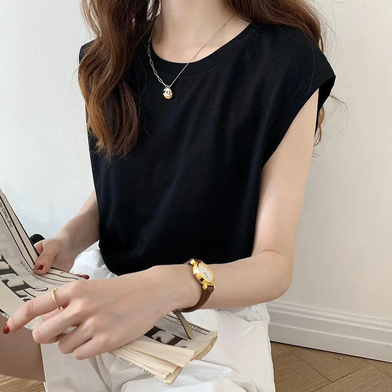 Women's O-neck Sleeveless White T-shirts