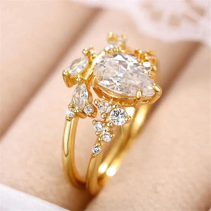 Water Drop Cubic Zirconia Bridal Ring Set – 2-Piece Gold Tone Wedding Band Set for Women-rings-Bennys Beauty World