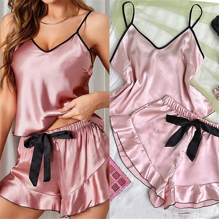 Women's Smooth Satin Pajamas V-Neck T-Shirt Outfit