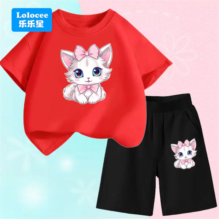 Girls Bow Cat Print T-Shirt &amp; Shorts Set | 2-Piece Summer Outfit | Ages 3–14