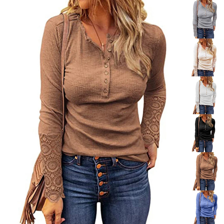 Women Long Sleeve Round Neck Solid Stitching Lace Loose T-shirt for Spring
