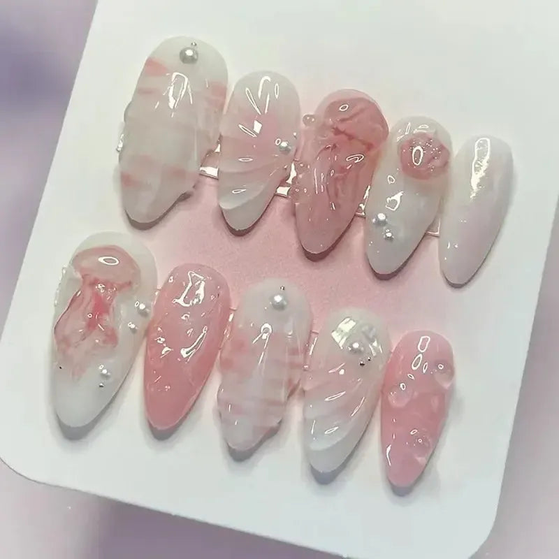 Gradient Pink Almond Press-On Nails – 24 Pcs Flower &amp; Pearl Design False Nails-Nails-Bennys Beauty World