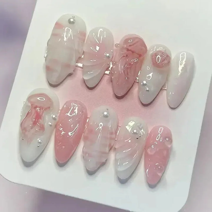 Gradient Pink Almond Press-On Nails – 24 Pcs Flower &amp; Pearl Design False Nails-Nails-Bennys Beauty World