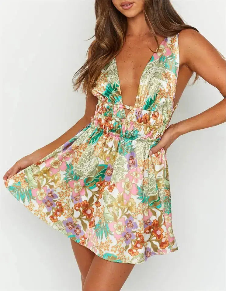 Womens Mini Dress Sleeveless V Neck Backless Flower Print Dress-Dress-Bennys Beauty World