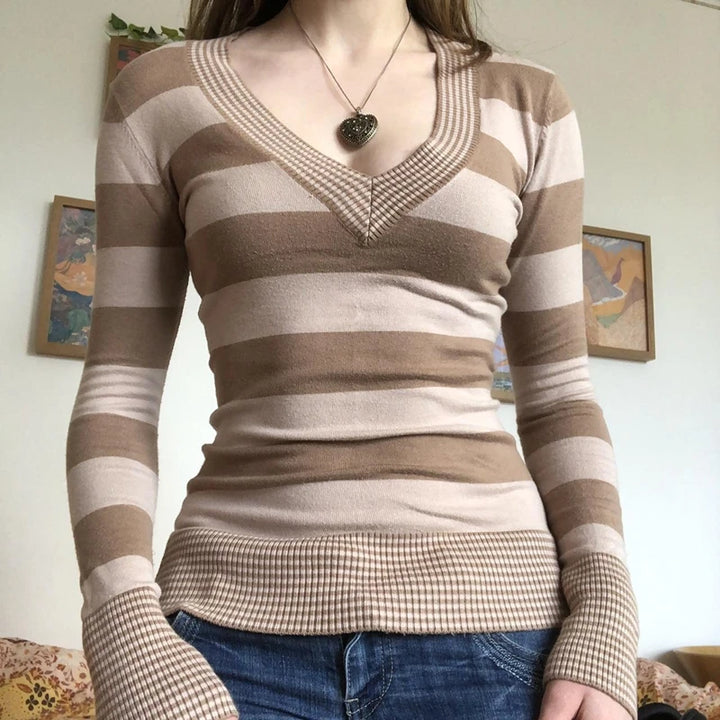 Vintage T Shirt Black Grey Striped V Neck Long Sleeve Jumper Tops