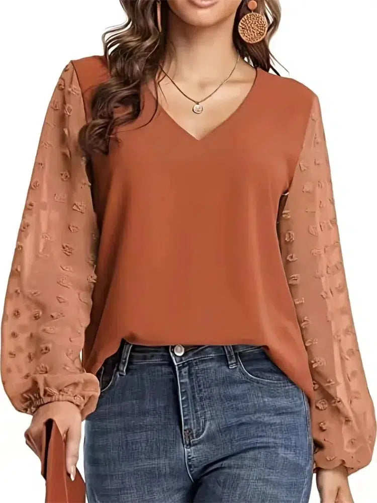 Women Spring Summer Style Blouses Shirts Lady Casual V-Neck Long Lantern Sleeve Solid color Blouse Tops DF5016-Bennys Beauty World