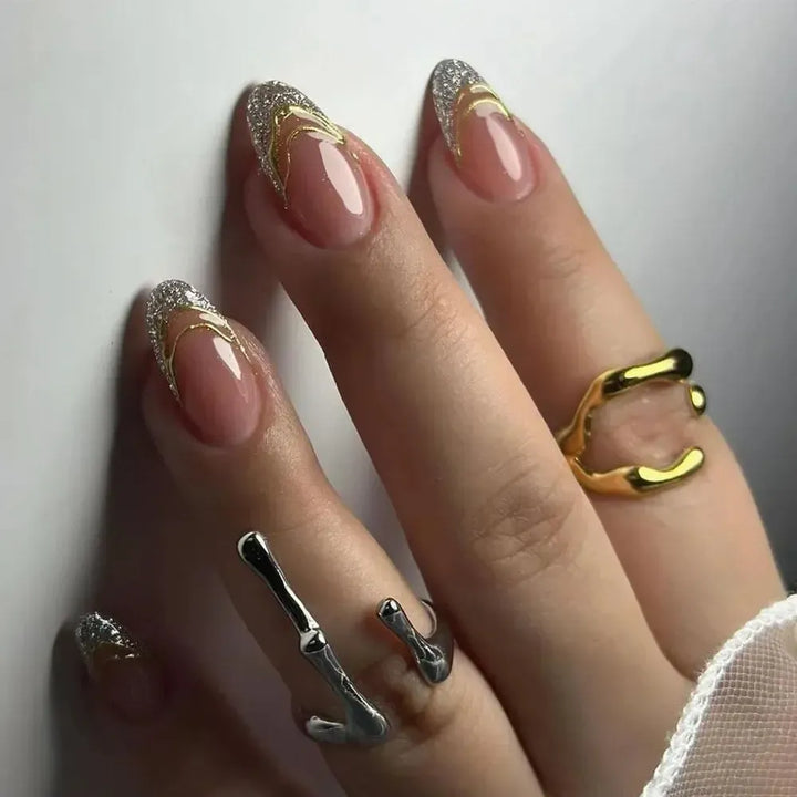French Almond Press-On Nails – 24 Pcs Blue Star Pattern False Nails-Nails-Bennys Beauty World