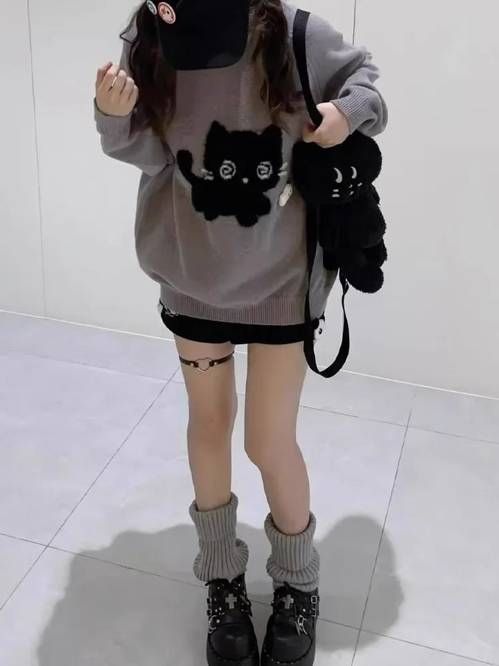 Gray Cute Cat O-neck Knit Elegant Pullover Woman 2024 Winter Design Harajuku Tops Feamale Y2k Long Sleeve Retro Sweaters Mujer