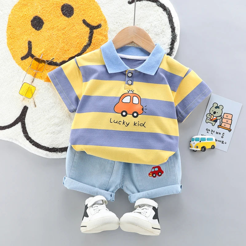 Baby boys Polo Shirt + Handsome Denim Shorts-Outfit Set-Bennys Beauty World