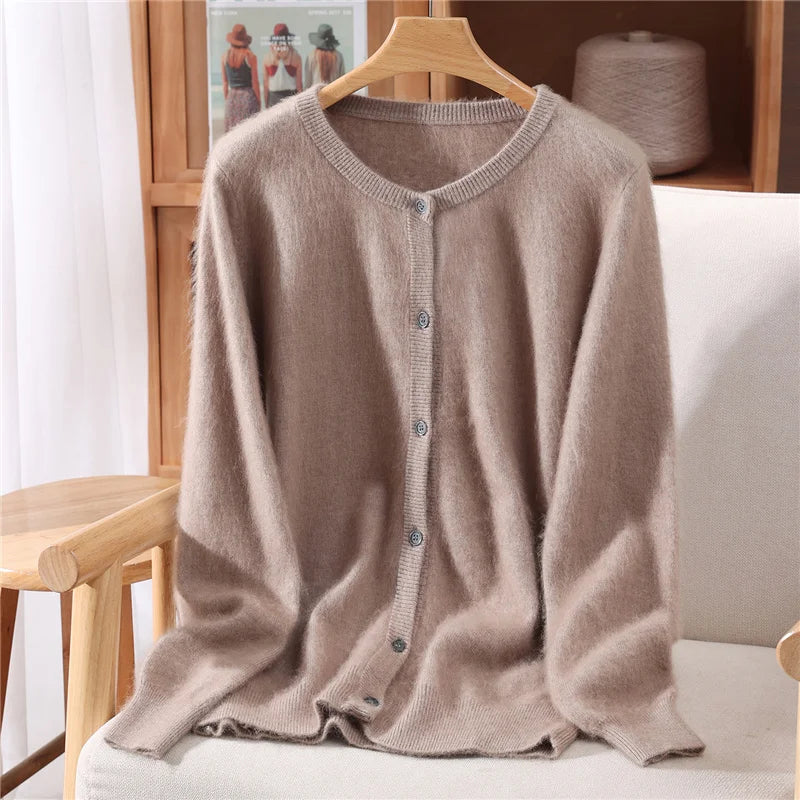 New Women 100% Mink Cashmere Sweater O-Neck Buttons Cardigan Autumn Winter Soft Warm Cable Kint Sweater Casual Long  Sleeve Tops