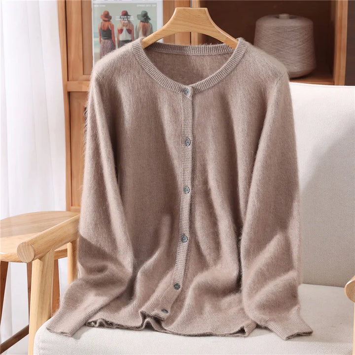 New Women 100% Mink Cashmere Sweater O-Neck Buttons Cardigan Autumn Winter Soft Warm Cable Kint Sweater Casual Long  Sleeve Tops