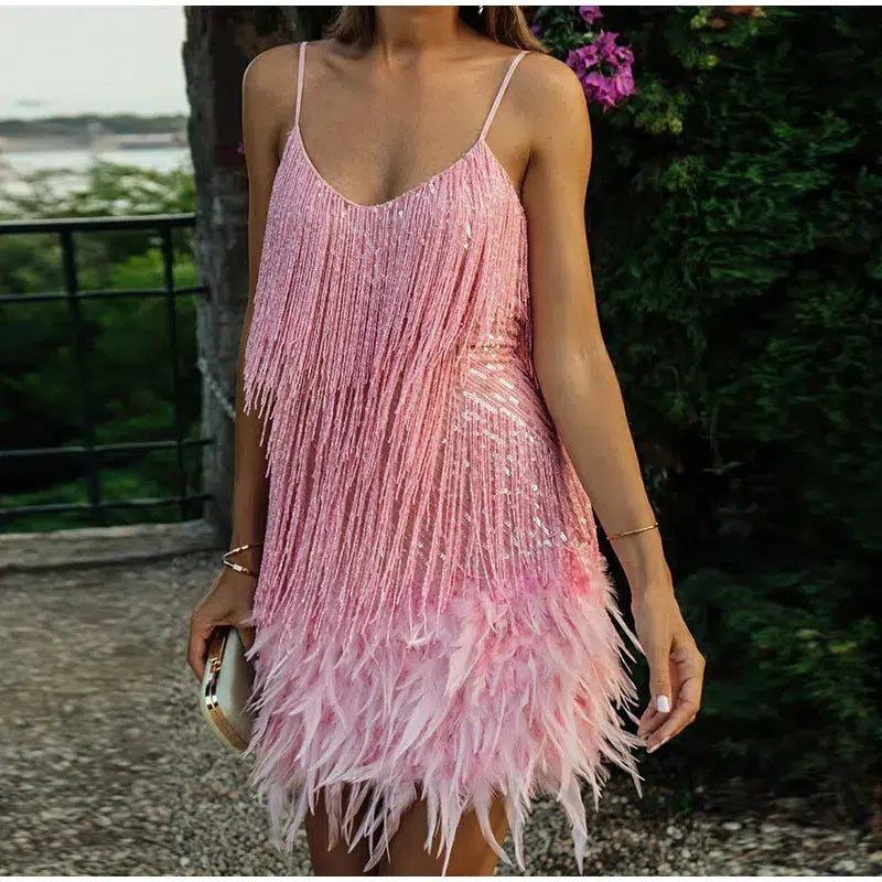 Tassel Sequins Feather Mini Party Dress For Women-Dresses-Bennys Beauty World