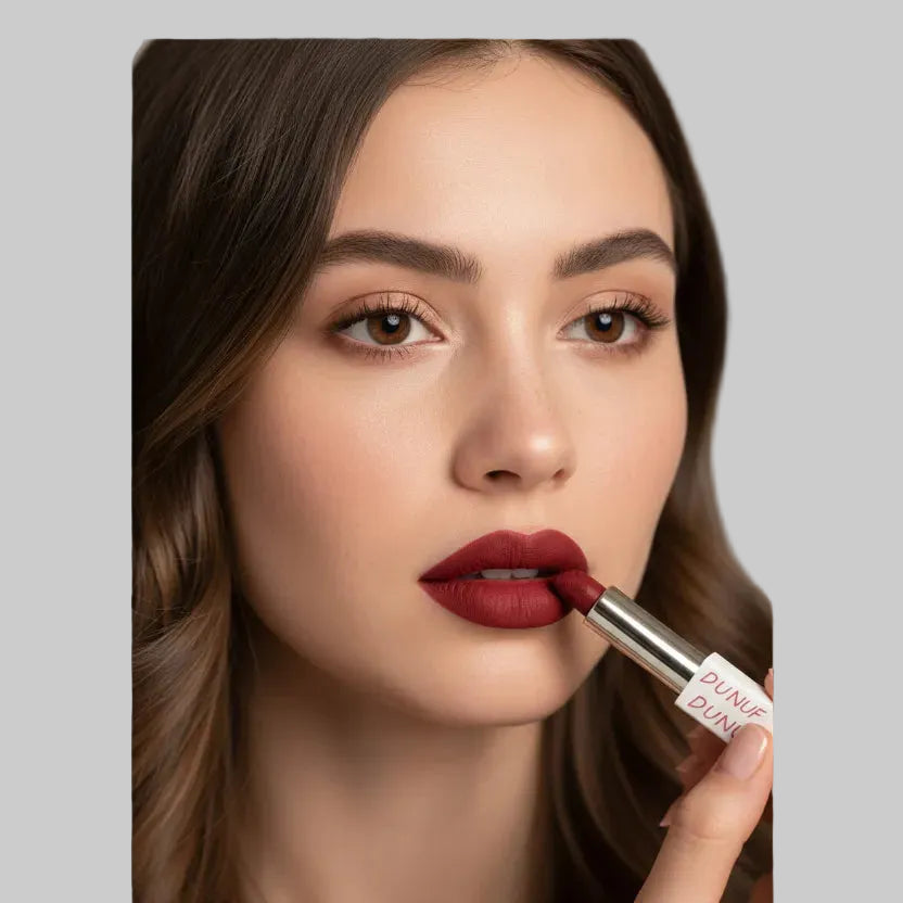 Dunuf 8 color matte long-lasting lipstick set with packaging and swatches on a beige background.