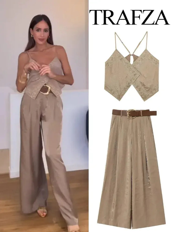 Women's Summer V-Neck Sling Top – Light Brown Sleeveless Camisole-Outfit Set-Bennys Beauty World