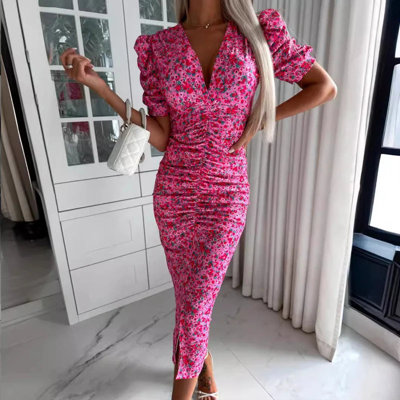 Floral Women Dress for Summer High Waisted Short Sleeve-dresses-Bennys Beauty World