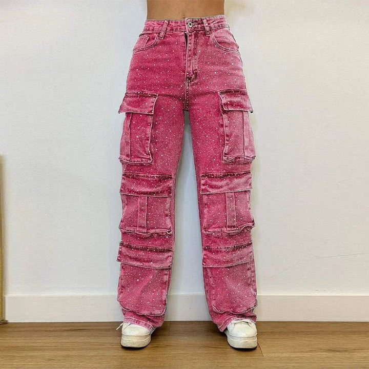 Rhinestones Jeans Women Multiple Pockets High Waist Pants